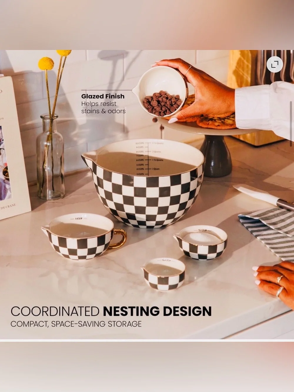Thyme & Table 5-Piece Ceramic Mixing Bowl and Measuring Set - Black Checkered